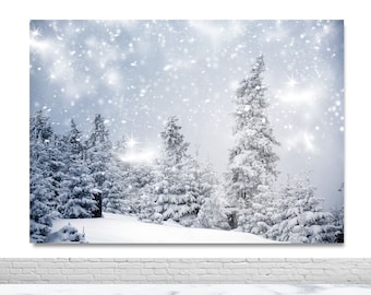 Fondo de fotografía de invierno con paisaje de bosque y árboles nevados, vinilo, poliéster, pancarta decorativa, accesorios para fotomatón, decoración de pared