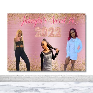 Sweet 16 Girl Birthday 2022 Photography Backdrop Gold Dots Sparkles Photo Booth Background Pink Shiny Decor Banner Photo Booth Backdrop
