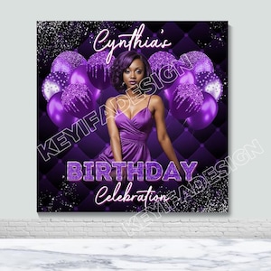 Puede incluir: Telón de fondo de fiesta de cumpleaños morado con una mujer con un vestido morado y el texto "Cynthia's Birthday Celebration". El telón de fondo está decorado con globos morados y plateados con purpurina.