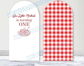 Nuestro pequeño Meatball cumple un año. Cubierta para arco de cumpleaños personalizada de poliéster de doble cara con temática italiana. Fondo para arco de cumpleaños "One Little Meatball".