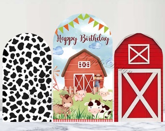 Arco de cumpleaños de granero de granja, telón de fondo de cumpleaños para niños, poliéster, personalizado, estampado de vaca, arco de doble cara, decoración para baby shower