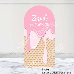 Arco di sfondo rosa con gelato, sfondo per compleanno di un bambino, copertura per arco in poliestere bifacciale personalizzata, decorazione per baby shower e primo compleanno.