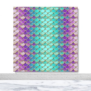 May include: A backdrop featuring a mermaid scale pattern in shades of pink, purple, blue, and turquoise with gold glitter accents.