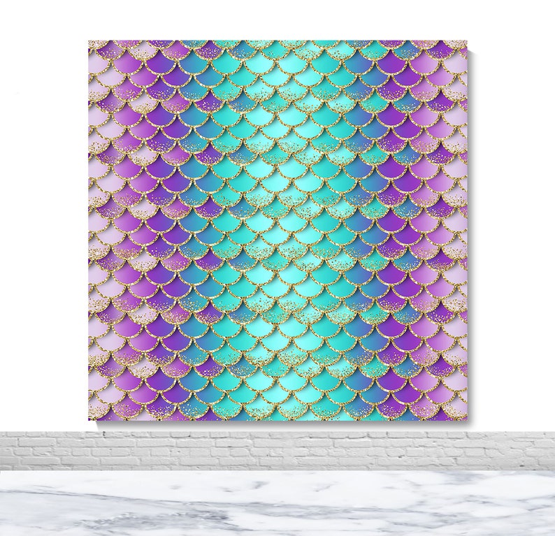 May include: A backdrop featuring a mermaid scale pattern in shades of pink, purple, blue, and turquoise with gold glitter accents.
