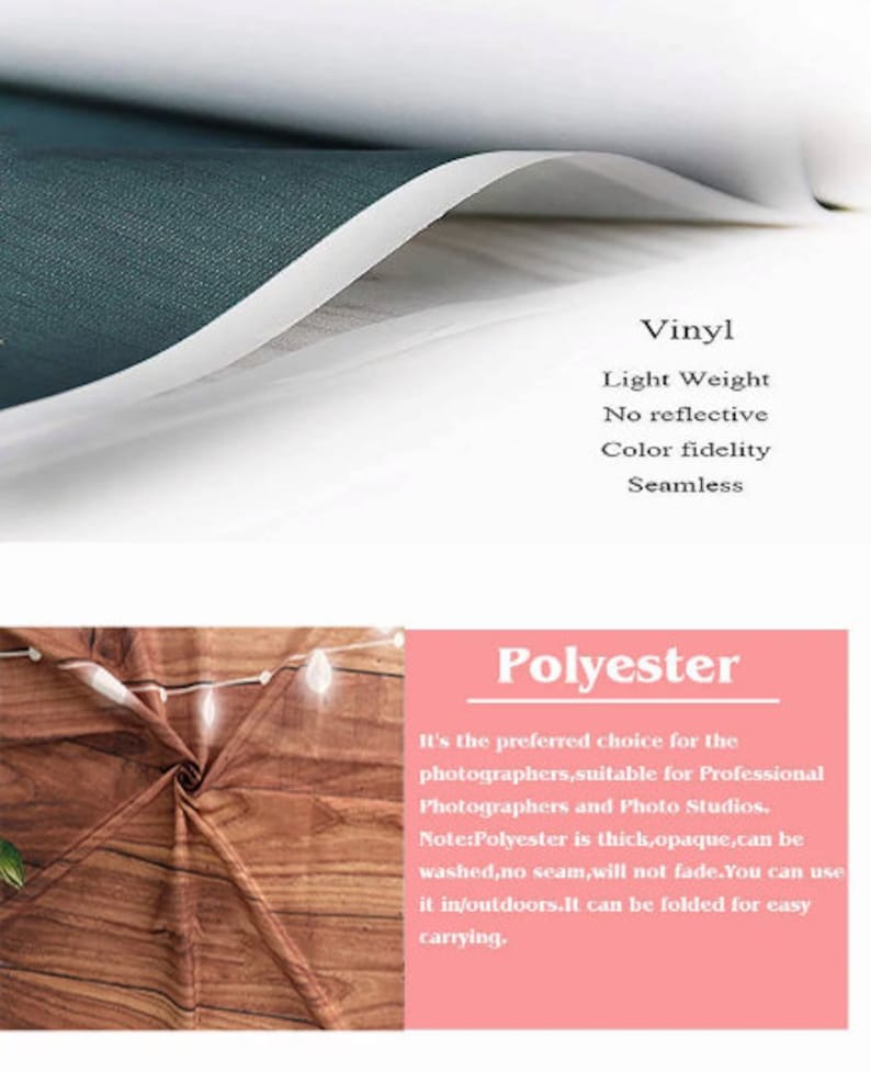 Puede incluir: Dos opciones de tel&oacute;n de fondo de tela para fotograf&iacute;a: vinilo y poli&eacute;ster. El vinilo es ligero, sin costuras y tiene una buena fidelidad del color. El poli&eacute;ster es grueso, opaco y lavable. Se puede usar en interiores o exteriores y es f&aacute;cil de doblar.