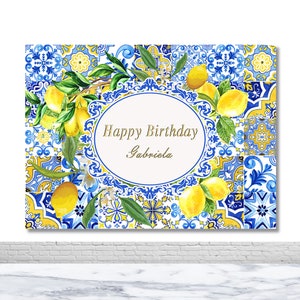 Fondo personalizado de fiesta de cumpleaños de limón, porcelana azul y blanca, patrón mediterráneo, fondo fotográfico, pancarta de despedida de soltera, utilería para estudio fotográfico
