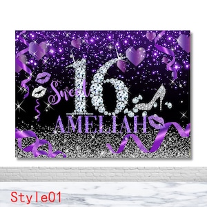 Sweet 16 Birthday Custom Photography Backdrop Girls Birthday Photo Background Ribbon Glitter Shiny Decor Banner Photo Booth Backdrop