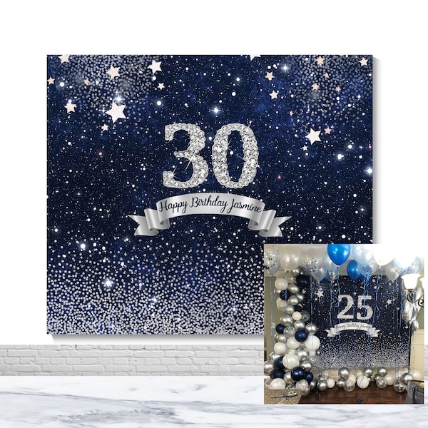 Starry Sky Birthday Photography Backdrop Custom 30th 40th Birthday Photo Backdrop Silver Stars Navy Blue Vinyl Photo Booth Props