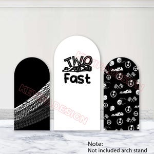 May include: Three arched panels with racing-themed designs. One panel is black with a tire track pattern. The center panel is white with the text "TWO Fast" and a race car graphic. The third panel is black with racing icons.