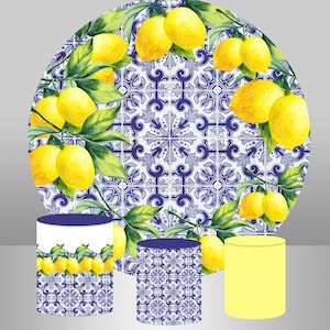 Lemon Round Cover Wedding Birthday Party Photography Backdrop Blue And White Porcelain Circle Cylinder Cover Polyester Elastic Decor Prop