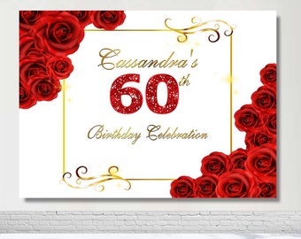 50e 60e Verjaardag Custom Fotografieachtergrond Hot Red Rose Gouden Frame Foto Achtergrond Wit Glanzend Decor Banner Poster Photo Booth Props