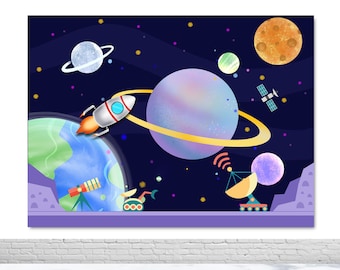Galaxy Rocket Space Photography Backdrop Stars Plants Kids Birthday Photo Background Blue Vinyl Photo Booth