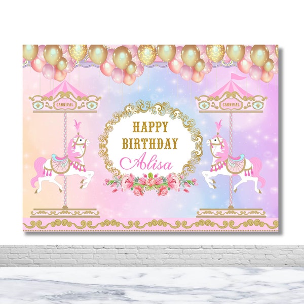 Carousel Birthday Custom Photography Backdrop Child Birthday Baby Shower Photo Background Amusement Park Decor Banner Photo Booth Backdrop