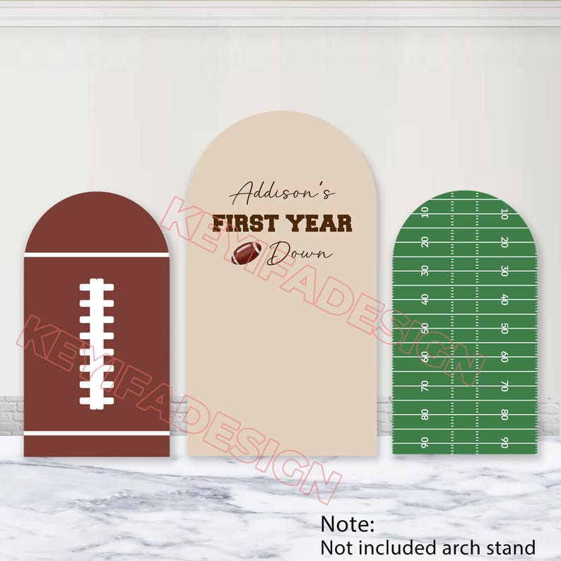 May include: Three arched display panels featuring a football theme. The left panel is brown with white laces. The center panel is beige with the text Addison's FIRST YEAR Down and a football graphic. The right panel is a green football field.