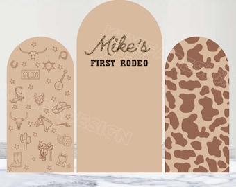 First Rodeo Arch Cover A little Cowboy is on the Way Backdrop Custom Polyester Double-Sided Cow Print Arch Cover 1st Birthday Decor