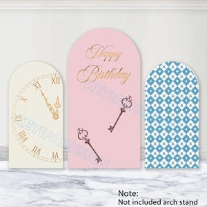 May include: Three arched backdrop covers featuring a cream panel with a gold Roman numeral clock face, a pink center panel with gold Happy Birthday text and two keys, and a blue and white diamond pattern panel with small heart accents.
