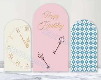 Arco per orologio e chiave, sfondo personalizzato per arco di compleanno in poliestere, stile paese delle meraviglie