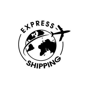 May include: Black and white logo with the text "EXPRESS SHIPPING" in a circle around a globe with an airplane flying above it.