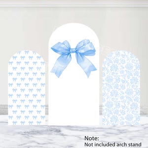 Sfondo per arco con fiocchi blu e fiori, sfondo per baby shower, in poliestere, bifacciale, con testo personalizzato, copertura per arco per addio al nubilato, accessorio per fotografia