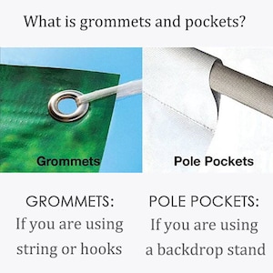 Puede incluir: Primer plano de dos muestras de tela que muestran la diferencia entre ojales y bolsillos para barra. Los ojales son anillos met&aacute;licos que permiten colgar la tela con cuerda o ganchos. Los bolsillos para barra est&aacute;n cosidos en la tela para permitir insertar una barra para colgar.