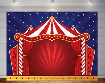 Sfondo fotografico per festa di compleanno a tema circo, cielo blu navy, tenda di carnevale rossa, sfondo fotografico in vinile con stelle glitterate
