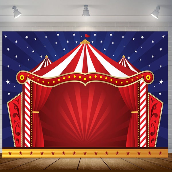 Circus Birthday Party Photography Backdrop Navy Blue Sky Red Carnival Tent Photo Background Glitter Stars Vinyl Photo Backdrop