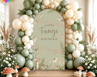 A Little Fungi Is On The Way Arch Cover Polyester Custom Woodland Mushroom Baby Shower Backdrop