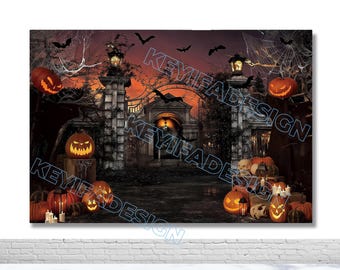 May include: A Halloween-themed backdrop featuring a spooky graveyard scene. The image showcases carved pumpkins, bats, and a wrought-iron gate. The background has a sunset with orange and purple hues. The words "KEYIFADESIGN" are watermarked across the image.
