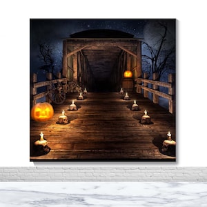 Halloween Retro Photo Backdrops Wood Bridge Pumpkin Lanterns Candles Shantou Photography Background Gray 8x8ft Vinyl Photo Booth Props