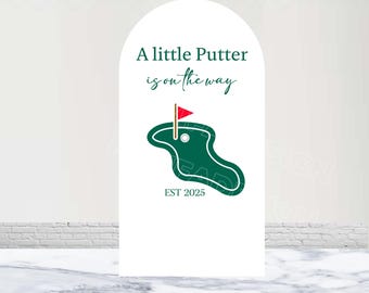 Un pequeño putter está en camino, cubierta de arco para revelar el género, fondo personalizado de poliéster de doble cara para baby shower, decoración para fiesta