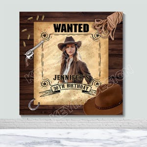 Sfondo per poster ricercato, sfondo western cowgirl, banner personalizzato per 30°, 40° e 50° compleanno, decorazioni per feste vintage, accessorio per fotografia