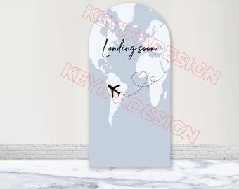 Landing Soon Baby Shower Arch Cover Airplane Baby Shower Backdrop Polyester Double-Sided World Map Adventure Arch Cover Gender Reveal Prop