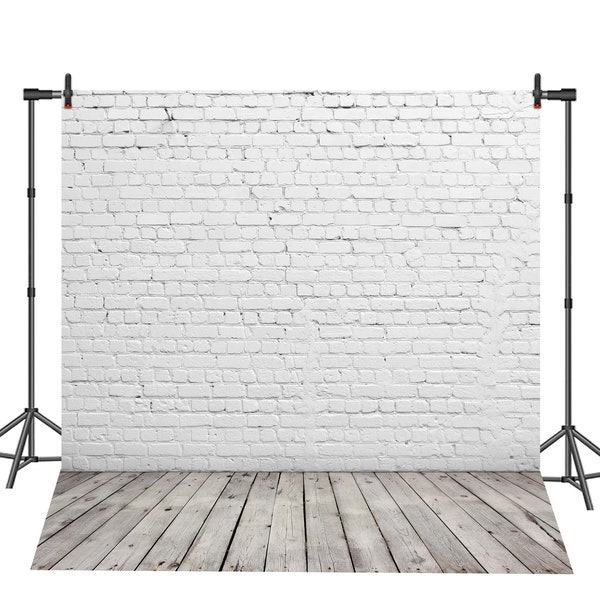 White Brick Wall Photography Backdrop Wood Floor Texture Photo Background Vinyl Polyester Decor Banner Poster Photo Studio Backdrop