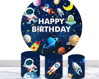 Outer Space Astronaut Round Backdrop Rocket Planet Birthday Backdrop Baby Shower Polyester Elastic Round Cylinder Cover Party Decor Props