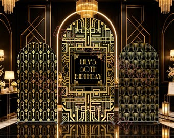 Great Gatsby Arch Backdrop Custom Black Gold 60th Birthday Backdrop Roaring 20s Party Decor