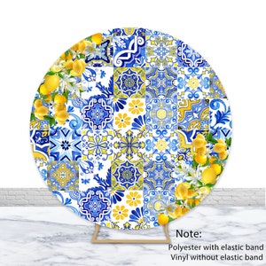 Lemon Round Backdrop Birthday Party Bridal Shower Photography Backdrop Blue And White Porcelain Mediterranean Pattern Round Cover Photo Prop