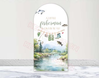 Arco de poliéster personalizado para baby shower con tema "Un pequeño pescador está en camino".