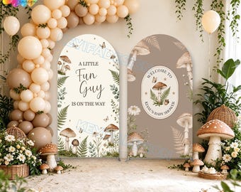 A Little Fun Guy Is On The Way Arch Cover Custom Whimsical Woodland Mushroom Baby Shower Decor