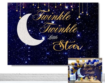 Twinkle Little Star Baby Shower Photography Backdrop Sky Moon and Stars Photo Background Vinyl Polyester Blue Decor Banner Poster Prop