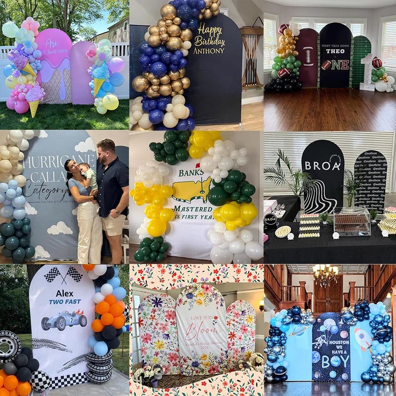 May include: A collection of nine event backdrops featuring arched panels and balloon garlands in various themes, including ice cream, sports, floral, and space designs, with printed text and graphics for birthdays and celebrations.