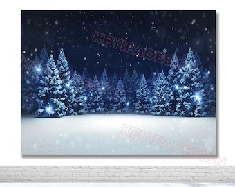 Fondo de paisaje invernal mágico, bosque nevado, escena nocturna de invierno, fondo fotográfico, decoración de pancarta navideña