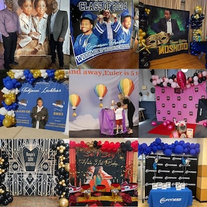 May include: A collection of event backdrops featuring various designs including graduation banners with photos, birthday displays with gold and black geometric patterns, hot air balloon themes, and branded step and repeat banners with balloon arches.