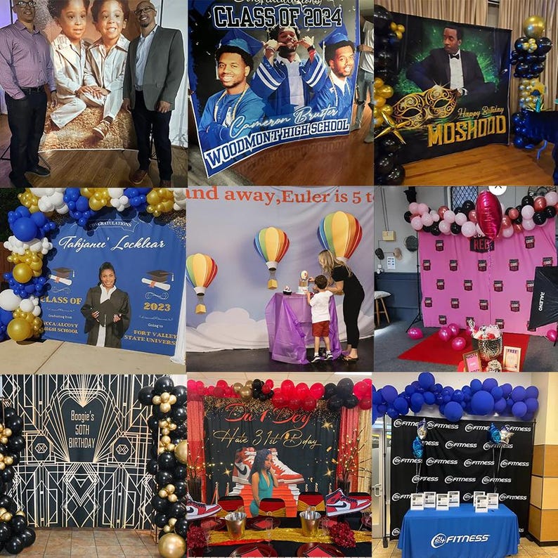 May include: A collection of event backdrops featuring various designs including graduation banners with photos, birthday displays with gold and black geometric patterns, hot air balloon themes, and branded step and repeat banners with balloon arches.