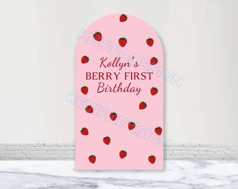 Strawberry Arch Backdrop Kids Birthday Photo Background Custom Polyester Double-Sided Berry First Birthday Arch Cover 1st Baby Shower Decor