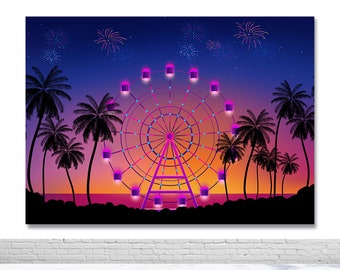 Fondo de fotografía de noria de verano, hojas de palmera nocturnas, fondo de fotografía tropical, decoración de cumpleaños, póster, pancarta, fondo de póster, accesorio de fotografía