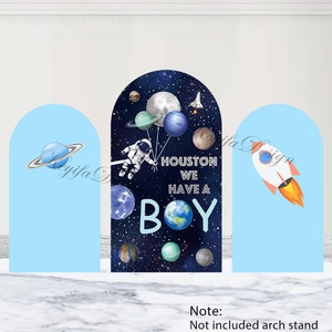 Sfondo per arco spaziale, razzo, pianeta, galassia, astronauta, Houston. Abbiamo un baby shower per bambini, copertura per arco in poliestere bifacciale.