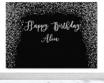 Happy 16th 21st 30th 40th 50th 60th Birthday Party Photography Backdrop Silver Glitter Dots Black Custom Decor Banner Photo Background Props