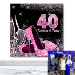 Happy 40th 50th Birthday Fotografie Hintergrund Pink Glitzer High Heel Champagner Foto Hintergrund Schwarz Vinyl Photo Booth Hintergrund