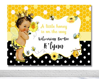 Sfondo fotografico "Un po' di miele è in arrivo", sfondo fotografico con girasole e ape, sfondo personalizzato per compleanno di bambini, baby shower, sfondo giallo decorativo