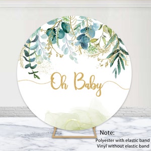 Oh Baby Round Photo Backdrop Baby Shower Birthday Photography Background Green Leaves Watercolor Circle Cover Decor Photo Booth Backdrop